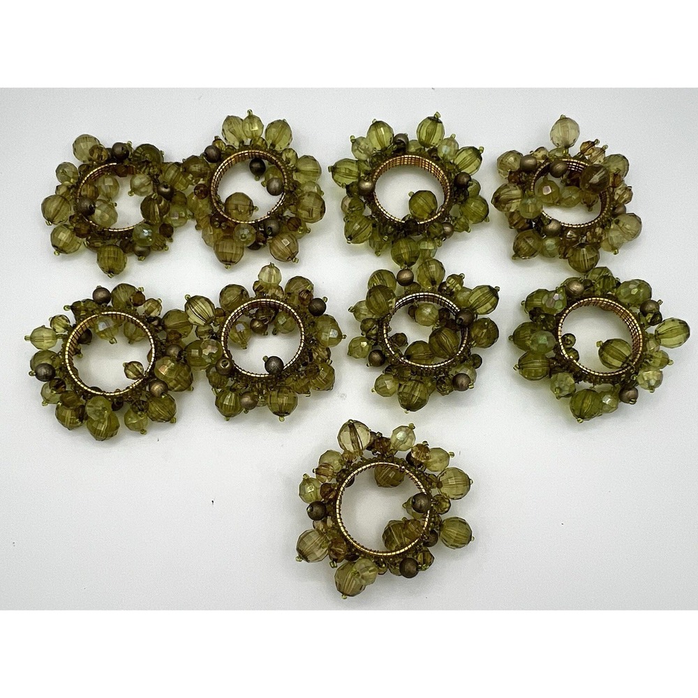 9 Bodrum Giselle Faceted Beaded Napkin Rings Lime Green on Gold